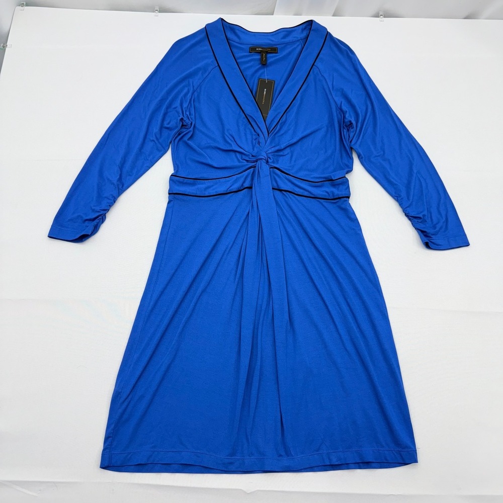 NWT BCBG Maxazria Ruched Low Cut V-Neck Dress Womens‎ Large Blue Long Sleeve